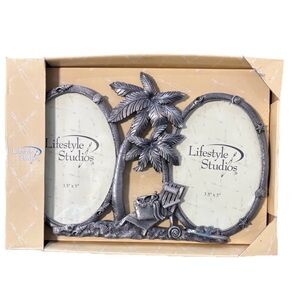 Nautical Beachy Tropical Coadtal Double Frame Pewter Dual Frame Palm Tree Shells